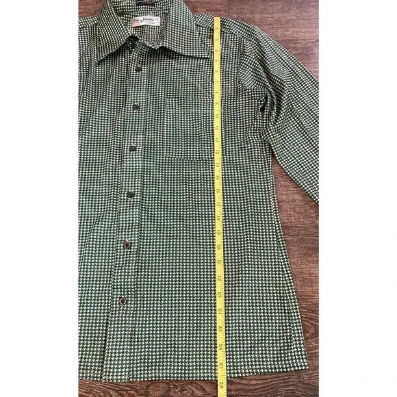 Vintage 70's Oleg Cassini by Burma Disco Shirt Nylon Green Houndstooth Men’s L - Picture 6 of 9